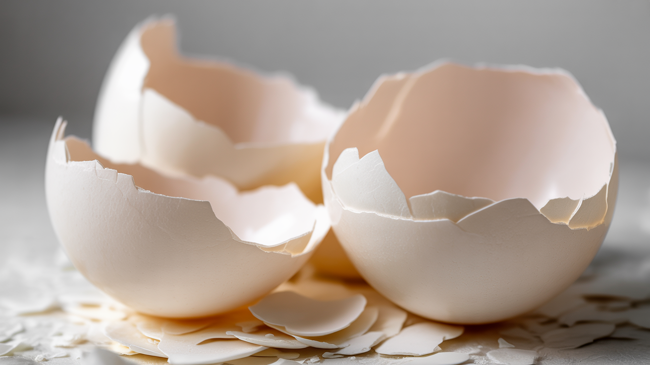 Two cracked eggshells on a light surface with a neutral background