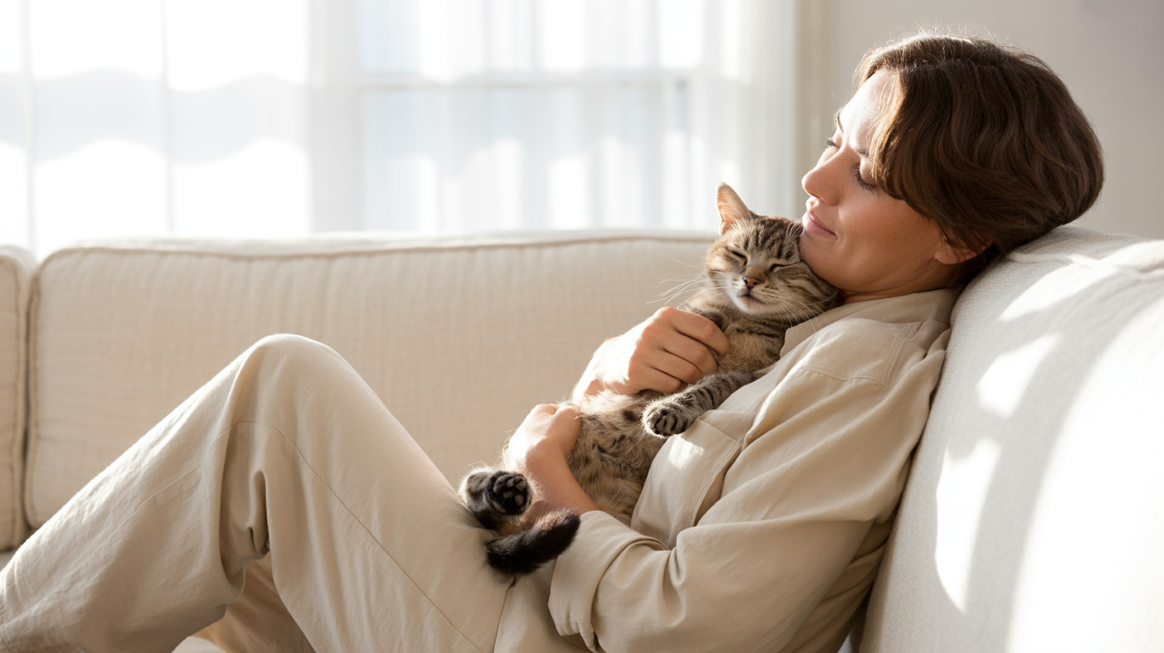 Woman sitting on a couch holding a cat in a bright room